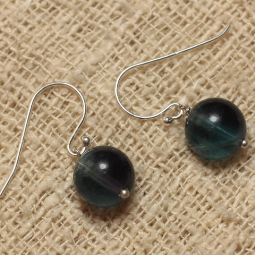 925 silver earrings and Purple Blue Fluorite Stone Balls 10mm N1